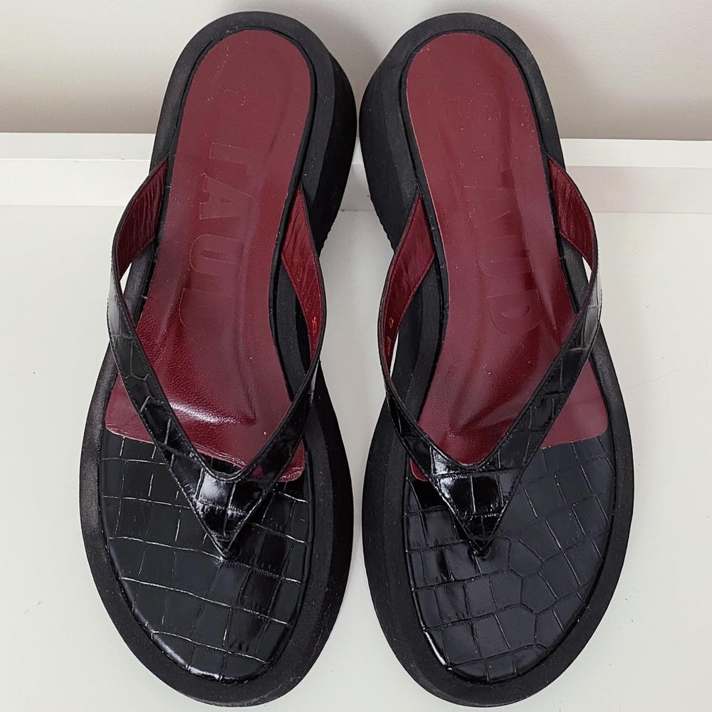 Staud Tessa Croc-Embossed Black Leather Platform Thong Sandals 42 11